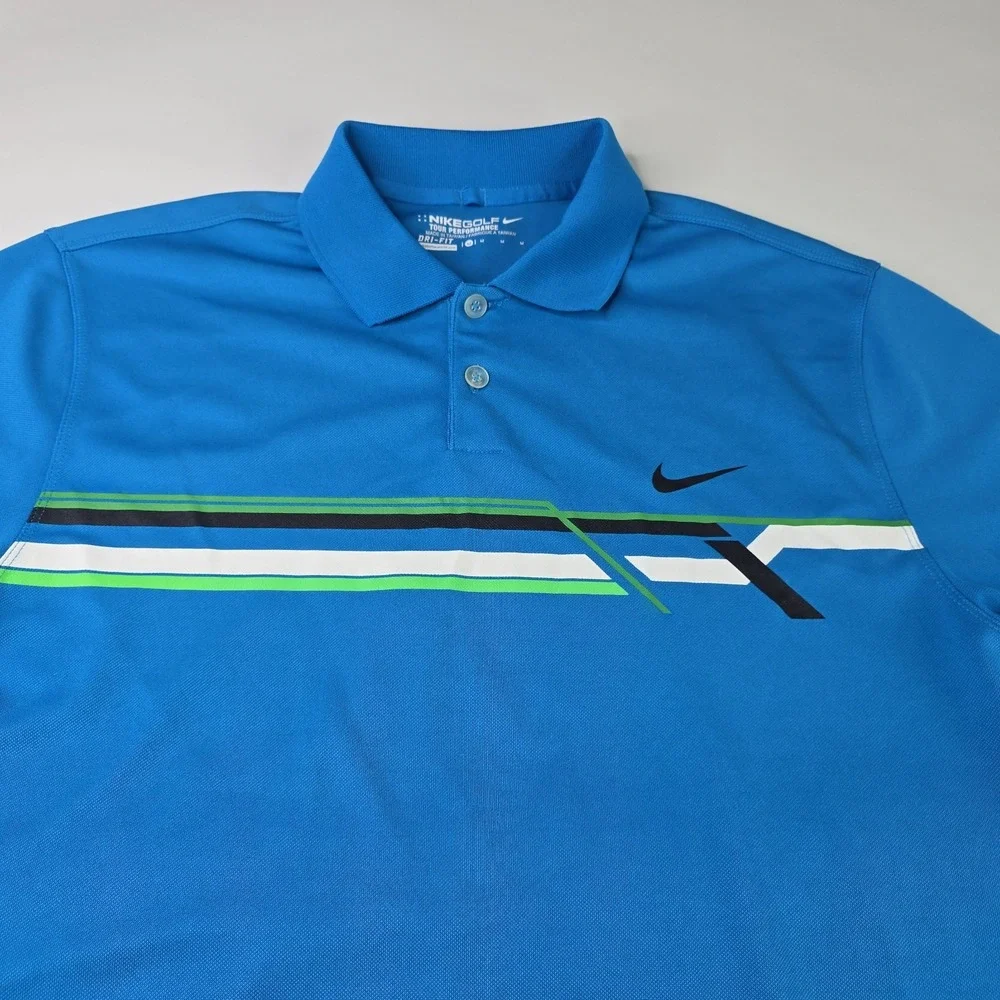 Nike Golf Mens Medium Dri-Fit Polo Shirt Blue Graphic Tour Performance Polyester